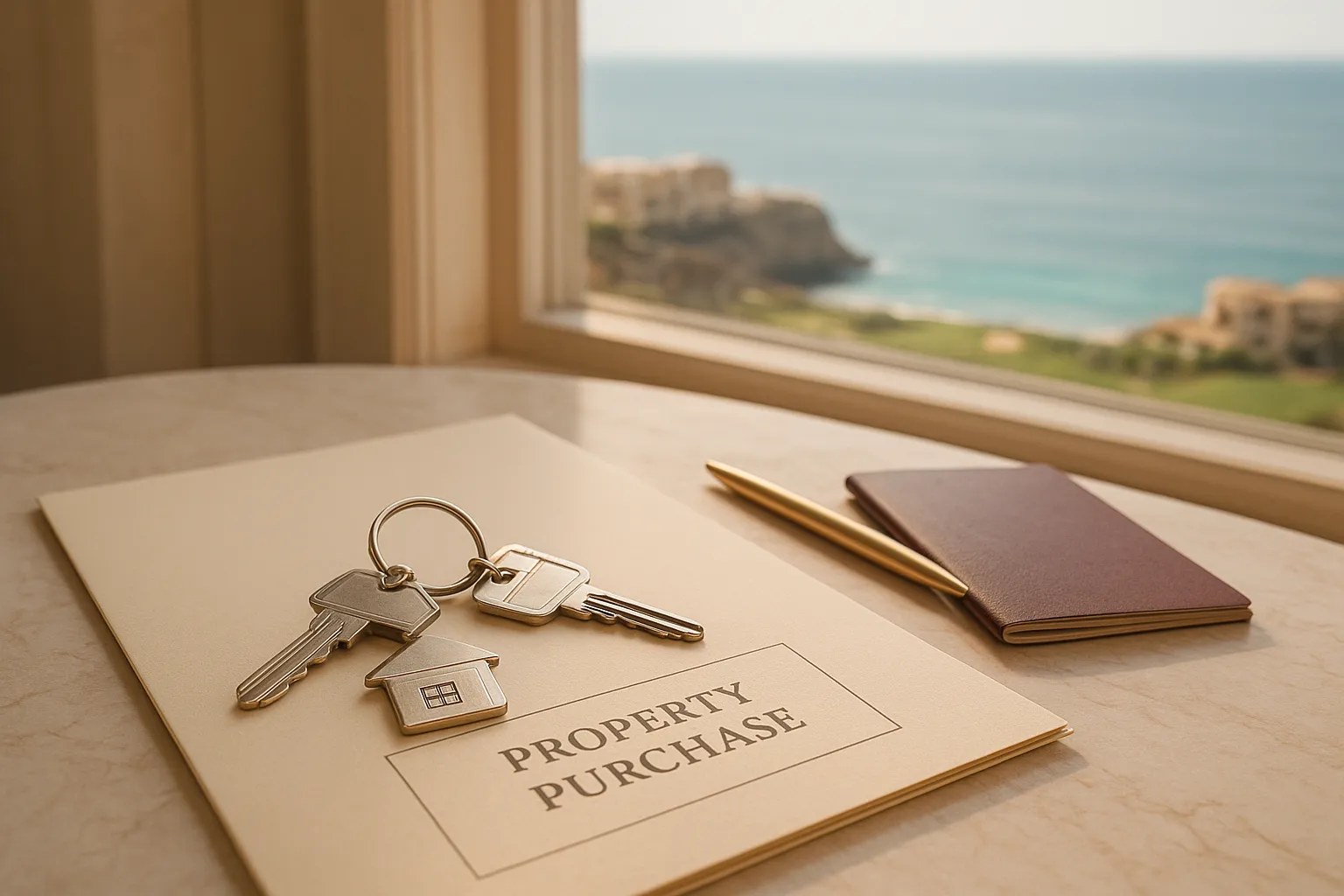 “Property keys, passport, and contract on a table with AIDA’s clifftop community and sea in the background — investor residency concept.